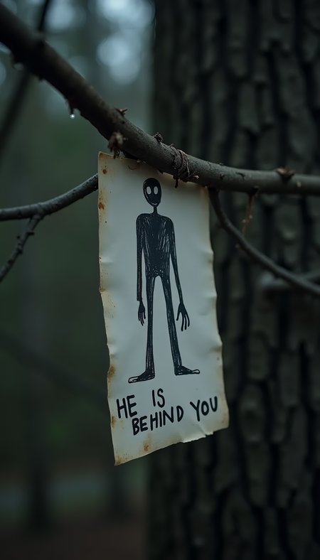 a hand drawn slender man on paper and a hand written text that says 'HE IS BEHIND YOU', attached to a tree branch, in the middle of the night