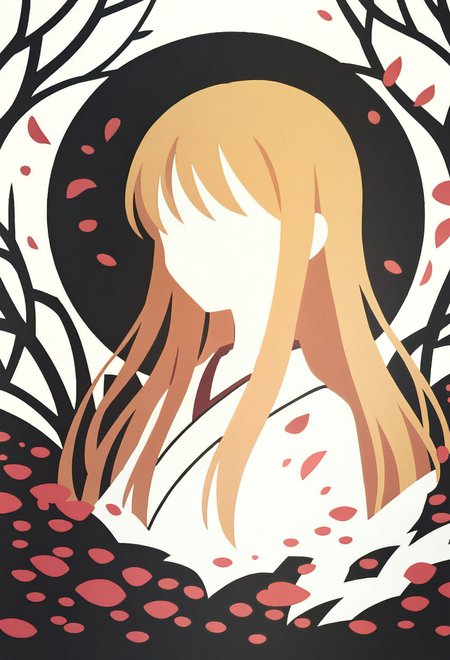 score_9, score_8_up, score_7_up,  <lora:PonyMinimalStyle:1> Minimalstyle, 1girl, simple, faceless female, beautiful, extremely detailed, vector, headshot, blonde hair, long hair, sakura petals, red and black theme, tsukuyomi, moon, white kimono