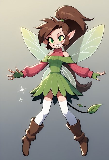 HCSV1,
1girl, solo, ponytail, smile, grin, teeth, full body, brown hair, long hair, green eyes, pointy ears, long pointy ears, medium breasts, gradient background, fairy wings, fairy, wings, ribbed sweater, sweater, thighhighs, sparkle, boots, green wings, sweater dress, tail, brown footwear, fingerless gloves, white legwear, sleeveless, leaf, dress, pink sweater, gloves, zettai ryouiki, gradient, striped, green gloves, off shoulder, striped gloves, white thighhighs