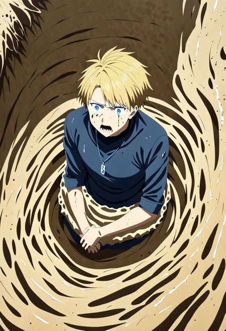high resolution, solo, best quality, 1Boy, Yamato Ishida, Blond Hair, Blue Eyes, Necklace, panic, trapped, quicksand, dying, OverallDetail