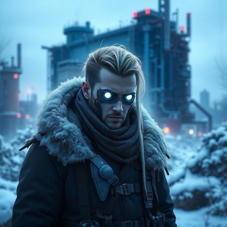 Frostpunk style, frostpunk style cunning jewish  male, young with dirty blonde pigtails with shave sides, frozen white  bionic_eyes , wearing a glacier white mechanized parka, insulated combat boots, mechanical_arms. set in  a snowy cityscape with a massive, frost-covered generator looming in the distance, a symbol of humanity's struggle. , at dusk,  <lora:flux/perfection style v2d.safetensors:1.0>, perfection style, <lora:flux/Sinfully_Stylish_1.0_Flux.safetensors:1.0>, sinfully stylish, <lora:scifi/moxiePunk_v3S.safetensors:1.0>, .  Icy, futuristic aesthetic incorporating frozen elements, augmented mechanical technology, neon-lit snow-covered cityscapes.