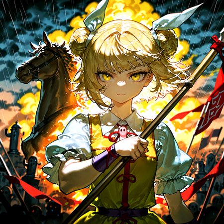 optical illusion,ssambatea, quasarcake, Fishine,piaki,  joutouguu_mayumi, absurdres, highres ,1girl ,army, banner, blonde_hair, blurry, blurry_background ,closed_mouth, cloud ,dark_clouds, depth_of_field,dress, hair_ribbon ,haniwa_(statue) ,horse ,looking_at_viewer ,polearm, puffy_short_sleeves, puffy_sleeves ,rain ,ribbon ,serious ,shirt ,short_hair ,short_sleeves upper_body, weapon ,white_ribbon, white_shirt ,yellow_dress ,yellow_eyes,
<lora:illustrious_noobai_epsilon_pred_1_best_quality_v1:0.7> ,<lora:illustrious_noobai_epsilon_pred_1_masterpieces_v1:0.7>, <lora:ponyv4_noob1_2_adamW:0.7>, <lora:touhou_146:0.5>