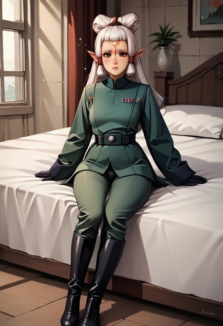 (score_9,score_8_up,score_7_up,source_anime,(masterpiece:1.2),best quality,very aesthetic,public indecency,absurdres),masterpiece,best quality,very aesthetic,fantasy,absurdres,1girl,
1girl, solo,  bowpaya, paya, elf ears, pointy ears, White hair, pointy ears, brown eyes, forehead mark light rays, (light particles), hat, uniform, green jacket, long sleeves, belt, black gloves, pants, knee boots, black boots,   sitting, on bed, bedroom, night
masterpiece,best quality, very aesthetic, absurdres, ultra detailed, high resolution, 4k, extremely detailed CG,
Imperial Uniform