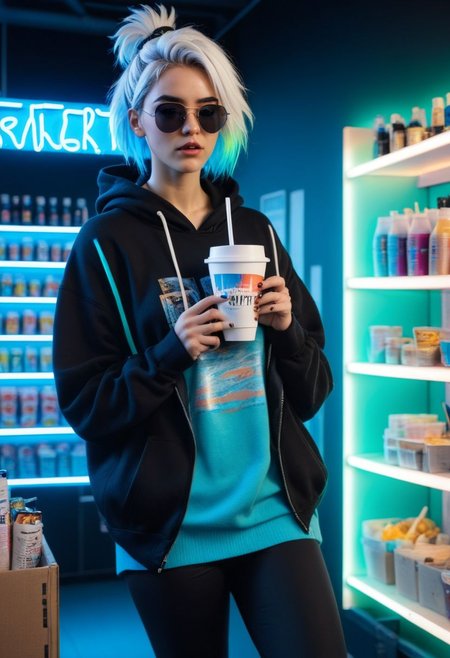 aszkstzz, white hair, indoors, sunglasses, holding cup, black jacket, retail environment, makeup, holding food, looking to the side, blue hoodie, neon lights, messy hair, short sleeves, hair up, mascara, bottle, socks, sweater, shelf, realistic, hyperdetailed photography, soft light,   cinematic angle, masterpiece, best quality ,
