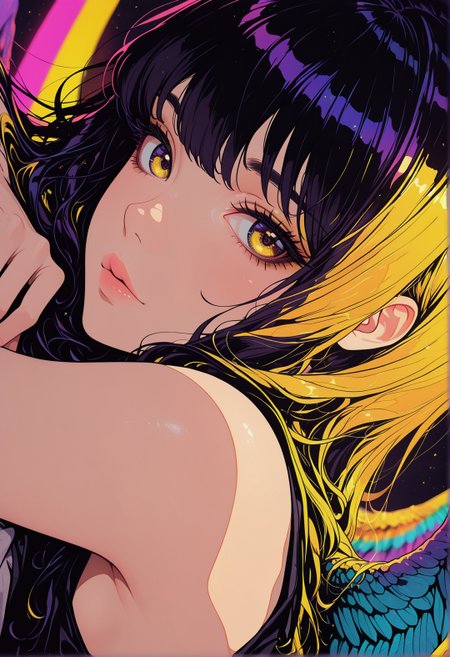 <lora:ck-shadow-circuit-IL:0.78>,
masterpiece, best quality, good quality, very aesthetic, absurdres, newest, 8K, depth of field, focused subject,
 close up, stylized, gold and neon color palette, godlike, wabi sabi, 1girl, rainbow angel wings, looking at viewer, dynamic angle, from side, gates, heaven, relaxing
<lora:MoriiMee_Gothic_Niji_Style_Illustrious_r1:0.45>
<lora:ck-nc-cyberpunk-IL-000011:0.4>
<lora:ck-neon-retrowave-IL:0.8>