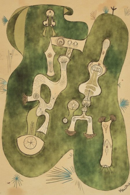 paulklee1 painting. 
A complex composition featuring figures rendered as abstract, biomorphic forms in shades of green, brown, and beige.
  <lora:paulklee1_cap_d8a4e6:1.0><lora:839155520939064086:0>