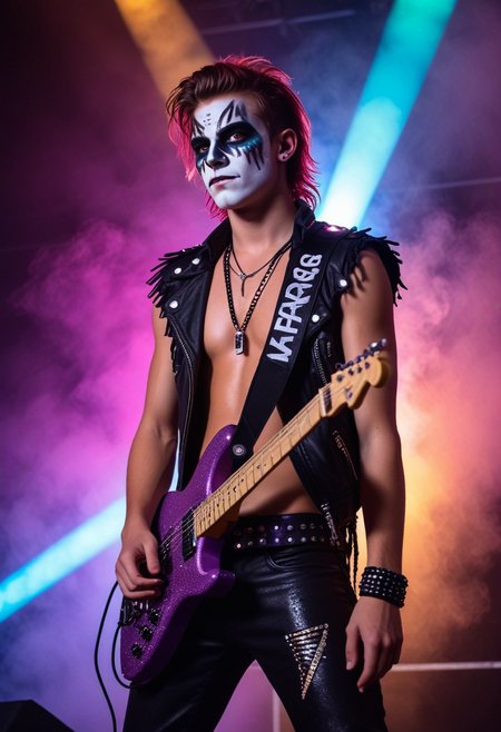 19yo male glam rocker on stage, fog machine, stage lights, RGB lighting, LED lighting, concert, glitter, face paint, <lora:sdxl_lightning_8step_lora:1>
