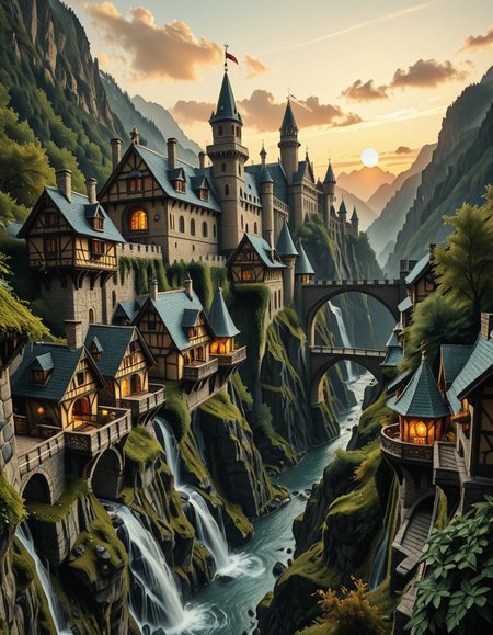 A breathtaking medieval fantasy city nestled in a lush valley, surrounded by towering mountains and dense forests. A grand castle with multiple towers and turrets stands atop a hill, overlooking the town below. The city consists of charming half-timbered houses with glowing windows, perched on rocky cliffs and connected by stone bridges over cascading waterfalls. The river flows through the village, reflecting the warm golden lights of lanterns and torches. Ivy and moss grow over the stone walls, adding to the enchanted, ancient atmosphere. The background features misty mountains with additional fortresses and watchtowers, partially hidden by low-hanging clouds. The sky is illuminated by a soft, warm sunset, casting a golden glow on the scenery, creating a perfect blend of realism and fantasy. Highly detailed, cinematic, and immersive, with a magical, fairy-tale ambiance.
<lora:SDXLFaeTastic2400:0.4> <lora:extremely_detailed:0.4> extremely detailed, ,medieval f4nt4sy c1ty <lora:medieval_f4nt4sy_c1ty-i:1>, Masterpiece,best quality,hi res,8k,hi res,8k,award winning,(sharp focus, intricate, highly detailed),