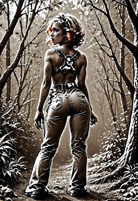 score_9, score_8_up, score_7_up, Realistic, cinematic shot, selective color, monochrome background, 4k, Gadget, side view,
1girl, solo, 
(((Girl in an alien forest, correct hand anatomy, feminine hands, shocked, scared, terrified, crying, tears, standing, lost, mouth open, gasping, looking over her shoulder, strained face,  dramatic angle, rear view, view from back, looking back, looking at viewer, from behind, facing away from the viewer, full body shot))), 

blonde, grayscale with red highlights, 18yo, smile, perfect face, stunning, breathtaking face, detailed face, perfect teeth, expressive eyes, extremely cute, medium boobs, round stomach, easynegative, ALRGFC, alluring face, sexy, hetero, flushed, red top of cheek,

Pear-shaped figure, short female, stocky, perfect round butt, wide hips, narrow waist, strong legs, thick thighs, long legs, short torso, narrow shoulders, 

Work clothes, space mechanic outfit, thick cargo pants, midriff, 

Detailed background, alien jungle, alien flowers, alien fauna, lianas, impossible trees, two moons, outdoors,

pdcUitCU5_, highres, absurdres, in focus, sharp focus, negative_hand,

Stable_Yogis_PDXL_Positives, CyberRealisticPony_POSV1, 