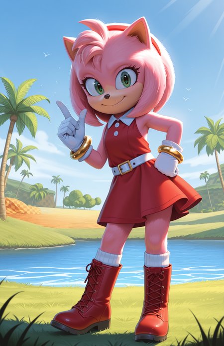 1girl, solo, full body, no humans, furry,
<lora:Movie-Amy_v3:1> movieamy, petite, short legs, happy, smile, short, pink fur,
red hairband, red dress, sleeveless dress, backless outfit, white belt, collared dress, white socks, white gloves, standing, lace-up boots, red boots,
contrapposto, standing, smile, looking at viewer, hand on own hip, gold bracelet,
<lora:Green_Hill_Zone-IL:0.8> gr33nh1ll, outdoors, blue sky, palm tree, grass, water, checkered dirt, extremely detailed, highres, masterpiece, best quality