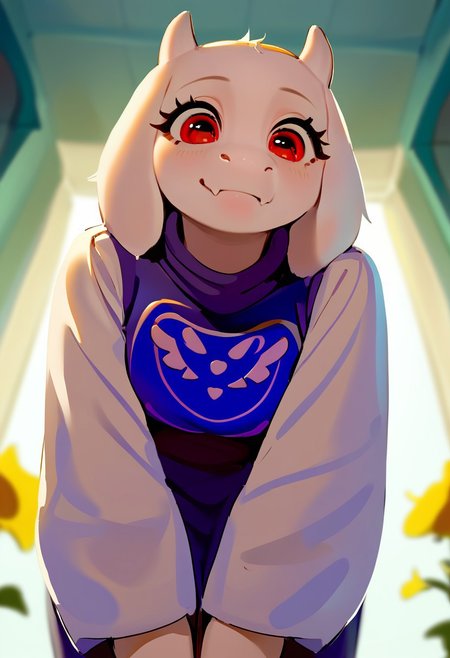 Vivid art style, outline, score_9, score_8_up, score_7_up, source_anime, hi res, masterpiece, extremely detailed, best quality, highres, Lico_PS, very beautiful, cute, toriel, focus on hand, backlighting:1.2, yellow flowers, (white fur), ((fluffy face:0.8)), serene, (((close up:1))), (perfect eyes:1), red eyes, smile, from below, leaning over, lifting arm, hands on knees, out of focus background,