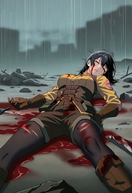 magical girl dress, yellow steampunk dress, (brown shorts:1.2), utility belt, brown boots, brown gloves, black tights, 
black hair, medium hair, messy hair,
looking down, blood, blood on clothes, blood on face, tired, battlefield, bloody, corpses, rubble, Battle Damage, cuts, bruises, damaged, torn clothes, blood, fortress, wasteland, desert, heavy rain, dark cloud, night sky, dark theme, light particles, ripped clothes, hurt, injured, scars, blood tears, blood pool, dying, broken sword, reclining on ruin,
masterpiece, best quality, newest, absurdres, highres, blurry background, depth of field, shadow, very aesthetic, intricate, detailed,