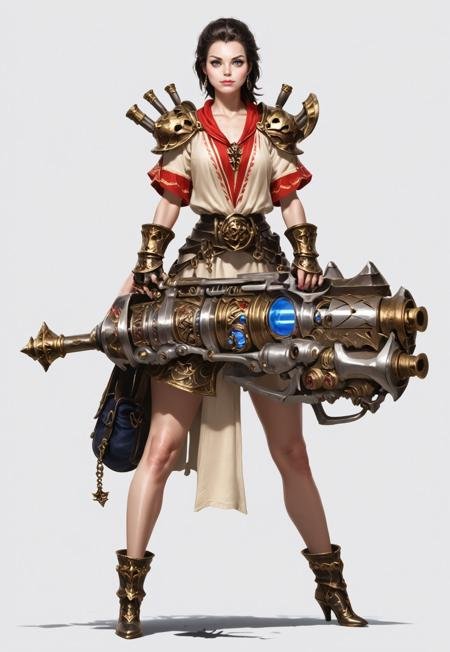 score_9, score_8_up, score_7_up, rating_safe, concept art, semi-realistic, 1girl, solo, 
Young beautiful face, fit body, 
HHWeapon, Holding weapon, ((Huge weapon)),
Holding weapon with two hands.
Fantasy gun. Rotary Gun.
Simple background.