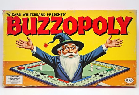 vintage board game box with title "BUZZOPOLY", featuring a logo depicting a wizard with long beard, wearing a monocle and a top hat, and ars stretched out. Small text on the top of the box reads ”WIZARD WHITEBEARD PRESENTS”. Monopoly style design, with the game board in the background