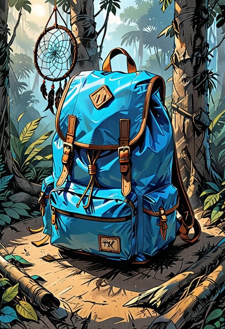 a blue backpack stands on the roots of ancient tropical trees, a top view, close up, a dream catcher lies in a backpack, an unbuttoned backpack, a dream catcher lies, tropical island, tropical forest, (one dream Cather lies), close-up, 
on a backpack, macro,
graphic style of novel comics, 2d,  8k, iMax, hyperrealism, masterpiece, high resolution, best quality, ultra-detailed, super realistic, Hyperrealistic art, high-quality, ultra high res, highest detailed, lot of details, Extremely high-resolution details, incredibly lifelike, colourful, soft cinematic light,