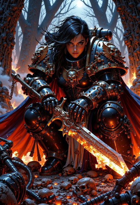 A fierce female NightL40K warrior crouched low, gripping a long, ornate sword with both hands, illuminated by a fiery orange aura that highlights intricate golden designs on the blade and hilt; rugged expression, dark tousled hair flowing freely, clad in power armor with a dark cloak draping over her back; misty twilight forest background with dark looming trees, smoky ethereal air, glowing embers and sparks around; earthy browns, oranges, and golds dominate the scene, contrasting with cooler dark greens and grays of the forest, creating a mystical, intense atmosphere
