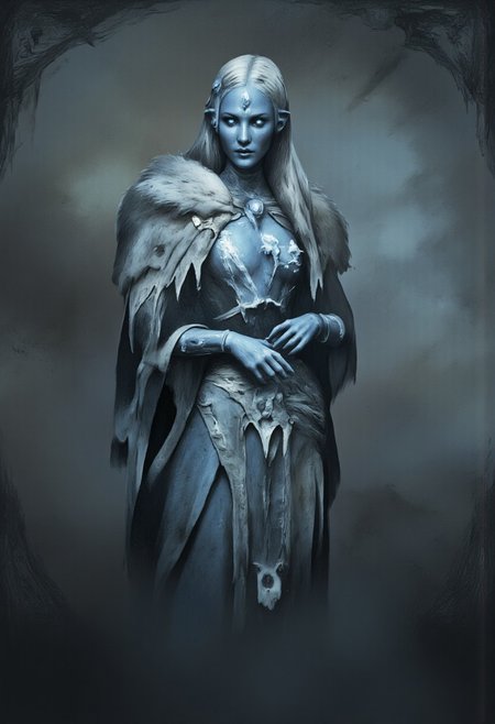 aidmaMJ6.1, Made out of paper, a PaperStyle , d4artstyle, d4concept, , d00mstyle, made of clay, ZBClay model of a gray sculpture
A mysterious and elegant figure resembling a frost sorceress, with pale blue skin and long, flowing white hair that cascades down her shoulders. She is draped in a luxurious, fur-lined cloak that appears to be made from the finest winter materials, enveloping her form in a regal and ethereal manner. Her eyes glow with an icy blue light, giving her an otherworldly and enchanting appearance. The sorceress's expression is calm and composed, exuding an aura of cold beauty and ancient power. The intricate details of her clothing and the shimmering frost on her skin suggest a deep connection to winter magic and the elements. The overall design captures both grace and danger, blending the qualities of an enchantress with the harshness of the frozen north.
Background solid color with a faded dimly lit, fog-covered darkness tone that emphasizes its silhouette. 
 The medium is not a traditional painting or illustrative medium like watercolor or ink but rather a digital rendering, eerie and unsettling.