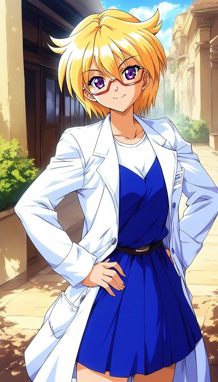 score_9, score_8_up, score_7_up, source_anime, rating_explicit, BREAK  <lora:Ijuin_Mei_XL:1> Ijuin_Mei, blonde hair, short hair, purple eyes,
solo, lab_coat, glasses, skirt, under body, hand on hip,  smile,  standing, long sleeves
 outdoor, day, light smile,
looking at viewer, 
cowboy_Shot,