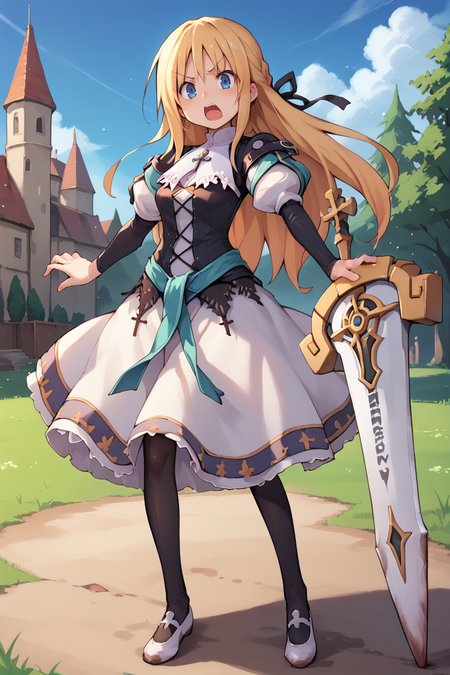 score_9, score_8_up, score_7_up, score_6_up, source_anime, BREAK, <lora:Yggdra:0.85> , yggdef, 1girl, blonde hair, long hair, blue eyes, hair ribbon, ascot, juliet sleeves, black sleeves, dress, cross-laced clothes, cross-laced dress, lace-trimmed dress, lace trim, corset, black pantyhose, cowboy shot, solo, crossed arms, looking at viewer, one eye closed, (tsundere, pout),  (exterior), castle, night, fortress, garden, courtyard, <lora:backgroundsetXL:0.3> , background,   <lora:senbei_avocadochaya_XL:0.4>,