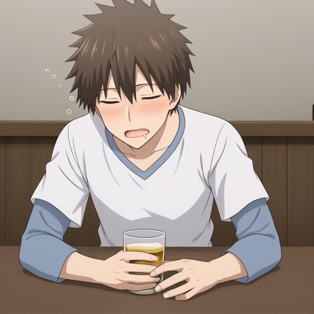 masterpiece,best quality,amazing quality,sakurai shin'ichi,1boy,solo,male focus,holding,sleeping,closed eyes,blush,drooling,drunk,open mouth,cup,blue and white shirt,layered sleeves,table,indoors,bar /(place/),alcohol,<lora:shinichi_sakurai_V2-3:1>,