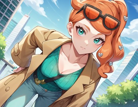 score_9, score_8_up, score_7_up, source_anime,
pokemonsonia, <lora:pokemon-sonia-ponyxl-lora-nochekaiser:1>
pokemonsonia, aqua eyes, heart, heart hair ornament, long hair, long sleeves, orange hair, side ponytail, swept bangs,
aqua footwear, aqua nails, aqua shirt, brown coat, brown jacket, coat, collarbone, eyewear on head, jacket, long sleeves, orange-tinted eyewear, pants, ribbed shirt, shirt, sunglasses, tinted eyewear,
outdoors, cityscape, bent over,
looking at viewer, cowboy shot, dutch angle,