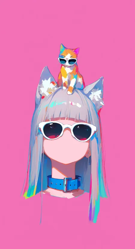 masterpiece, best quality, amazing quality, 1girl, solo, long hair, simple background, animal ears, upper body, grey hair, cat ears, blunt bangs, collar, animal ear fluff, sunglasses, pink background, animal print, on head, animal on head, no mouth, too many, white-framed eyewear, blue collar, cat on head, mult1c0l0r3d, colorful, multicolored <lora:noobai_ep11_stabilizer_v0.138_fp16:0.3> <lora:Multicolor_Buns:0.5> <lora:OTZZK2Rpbm8rZzAxNTgra3VtYWgrbnl0ZQ==-waiNSFWIllustrious_v130_V1-CAME:0.8>