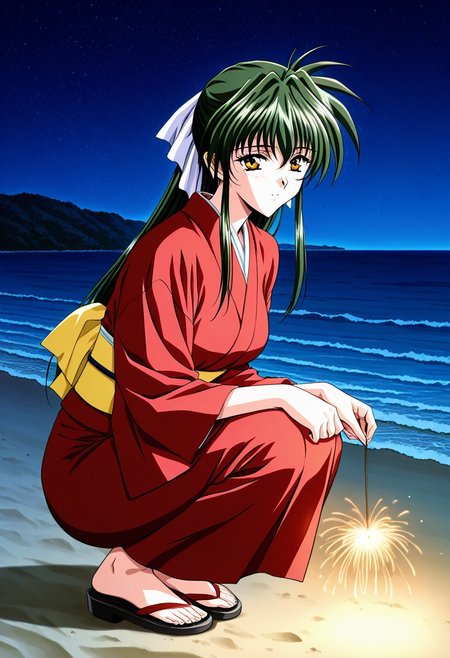 general,highres, ultra-detailed,very aesthetic,best quality ,best hands,masterpiece, best quality, newest, highres, score_9, score_8_up, score_7_up, source_anime, rating_explicit,1girl, yokota mamoru style,motion lines,,Very straight nose,slim,slender face,perfect nose,1990s (style)
Sendou Hitomi, Green Hair, Sidehair, Waist Length Hair,Amber Eyes,Necktie, Ribbon Hair Tie
 anime screencap,1girl, solo, masterpiece, best quality, amazing quality, very aesthetic, absurdres, newest, scenery, perfect face,intricate,beautiful scenery,ultra realistic 8k CG,perfect artwork,absurd-res, beatiful long legs,beatiful body,narrow waist,1girl,medium breasts,red kimono, japanese clothes, squatting, realstic background, depth of fields,outdoors,ocean,sand beach,night,starry sky,from side, senkou hanabi, holding fireworks, sparkler,<lora:senkou_hanabi_il_d16:1>