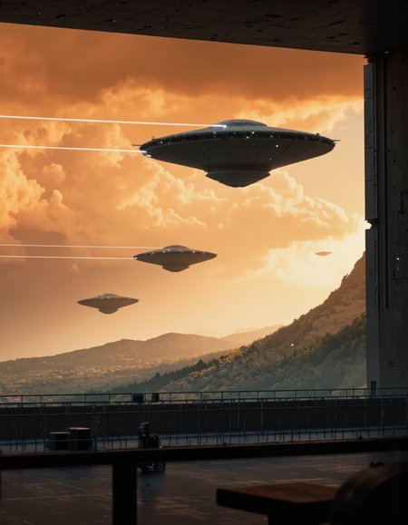 By Paul Chadeisson. A photo-realistic shoot from a far camera angle about two flying saucers over a mountainous landscape during sunset, with dramatic clouds and mountains in the background. the image also shows dramatic lighting effects, with contrails visible in the sky. on the left of the image, a distant mountain range is visible, with a few clouds scattered across the sky, and on the right of the mountain range, another distant mountain peak is visible. the sky is filled with orange hues, and the overall atmosphere is dramatic and dramatic. in the foreground, a futuristic cityscape with tall buildings and a railing can be seen, with no other objects or structures in sight.