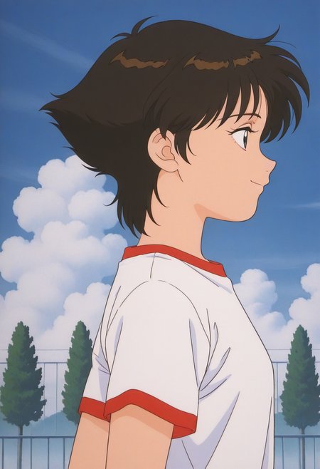 masterpiece, best quality, source_anime,official art,perfect_anatomy,1990s_\(style\),retro_artstyle,1girl,solo,Aiko,black hair,short hair,white gym_shirt,t-shirt,looking_at_viewer,smile,profile,upper body,day,blue_sky,cloud