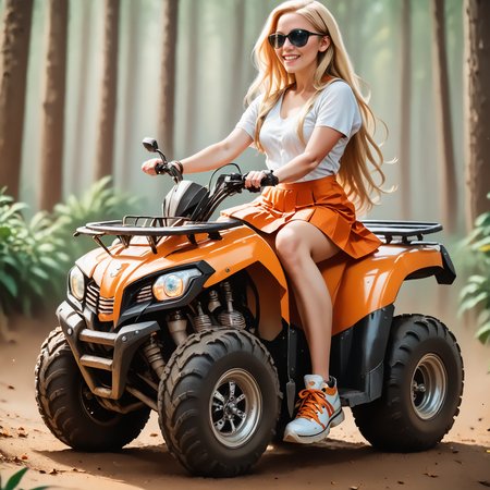 score_9, score_8_up, score_7_up, riqua (side view) , (slim 25yo female) riding a quad. orange short skirt and white blouse, sneakers , long blonde hair  <lora:RideQuadPony:1>