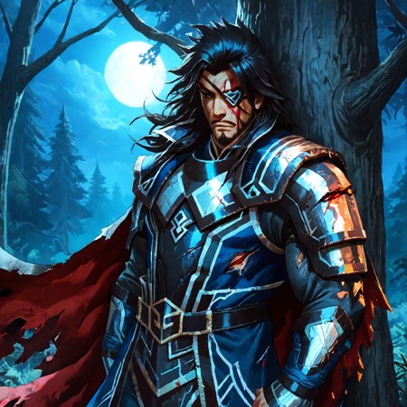 masterpiece, best quality, very awa, by rounin \(amuza\), <lora:xiahoudun-10:2>, 1boy, solo, cowboy shot, xiahoudun, black hair, long hair, brown eyes, eyepatch, facial hair. armor, cape, torn clothes, battle damaged, disheveled, exhausted, blood on face, bloody, bruised eye, forest, leaning against tree, night, dynamic angle, <lora:cfg_scale_boost:0.7>, <lora:add-detail-xl:1.4>, <lora:xl_more_art-full_v1:1>