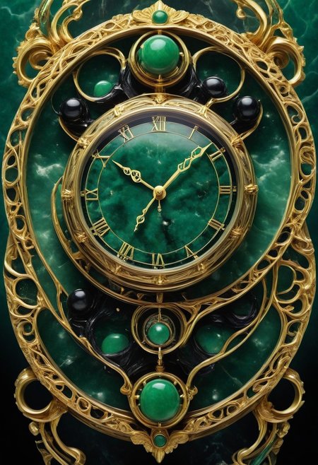 made from jade and obsidian, jade, obsidian,score_9, score_8_up, score_7_up, expensive looking, clock, golden clockhands