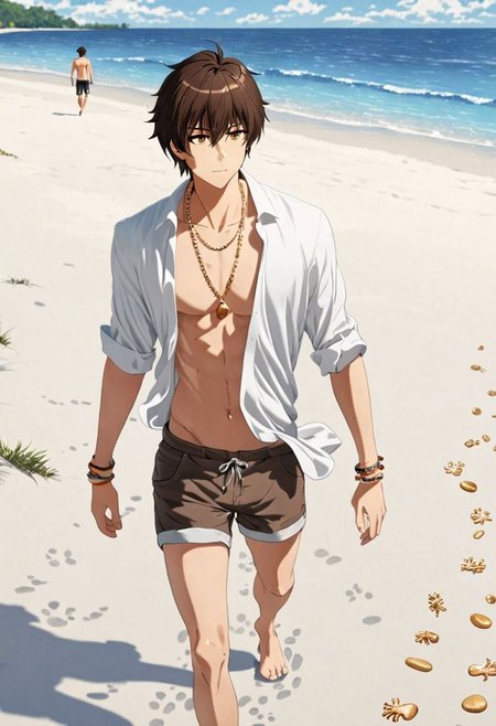 Highres, Masterpiece, High Quality, 4K, 8K, solo, 1Boy, Seiya Kanie, short dark brown hair, golden eyes, beach, calm, white sand, small coral, pebbles, clear sky, quiet, peaceful, walking, candid, breeze, footprints, happy, open shirt, shorts, sixpack, necklace, bracelet, easynegative, detailed_eye_model