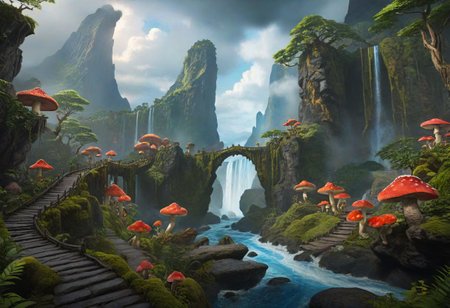 masterpiece, best quality, ultra detailed, professional light, cinematic lighting, ambient lighting, atmospheric effects, photorealistic, epic landscape, high fantasy, waterfall, mountains, cliff, one bridge, (Kintsugi style path), clouds, high trees, large trees, weird trees, colorful mushrooms, jungle.
Right side lava. Left side water.