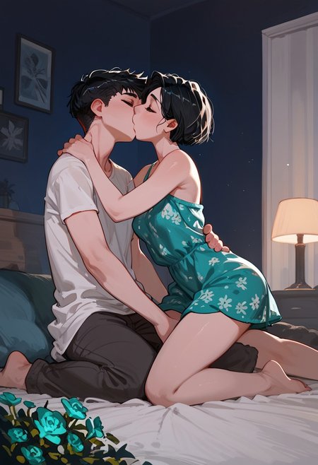 score_9, score_8_up, 
1girl, female, pale white skin, pale blue eyes, thin, black hair, pixie haircut, short hair, emerald flower summer dress, on her knees, kissing, 1male night, on a bed, bedroom, intimate