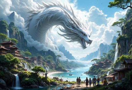 Create an amazing oil painting pic of the following situation: a giant white fog appears high above an asian landscape, some houses,a big white dragon, vivid natural colors, bright, amazing landscape, perfect composition, a rich and complex image of nature, a vibrant tissue of hues and textures captured digitally, best quality, double exposure, realistic, captivating, fantastical, splash art, intricately detailed, hyper detailed, maximalist style, photorealistic, concept art, sharp focus, harmony, serenity, calm, mysterious glow, dynamic lighting, masterpiece, superb composition, finest details, highest aesthetics, strong muted highlighter of fantastical beach rock scenery, mystical glow, best quality, sharp focus, high contrast, stylized, clear, colorful, ultra quality, 8k, best quality, masterpiece,midjourneyv6.1