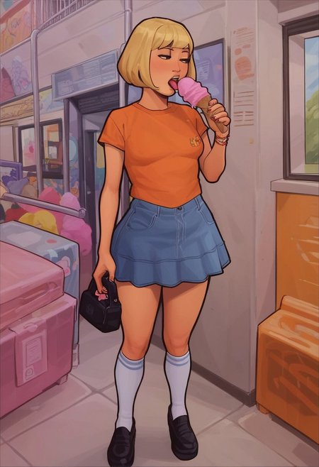score_9, score_8_up, score_7_up, score_6_up, Masterpiece, 1girl, face focus, face close up, 
1girl, blonde hair, bob hair cut, black eyes, asian, orange t-shirt, small breasts, thick thighs, mini skirt, jeans skirt, knee socks, white socks, black shoe, standing, licking ice cream, pink ice cream