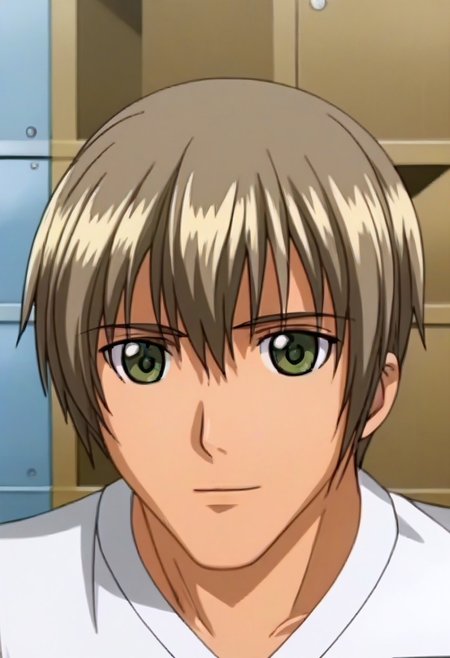 ((masterpiece)), ((best quality)), ((ultra-detailed)), ((absurdres)), score_9_up, score_8_up, score_7_up,
HD, top quality, best quality, amazing quality, High-quality illustrations, anime screencap, source_anime, best aesthetic, perfect proportions, perfect eyes, 1boy, 1male, solo boy, solo male, male focus, solo male focus, Anime, boy, male anime character, anime boy, handsome, sexy, cute, charming, ((looking at front, looking at viewer)), ((front shot, front view, view from front)), Hajime Saisho, gray-brown hair, dark green eyes, white polo shirt, updn, easynegative, Expressiveh, ((face shot, face only shot, face focus)), ((locker room))