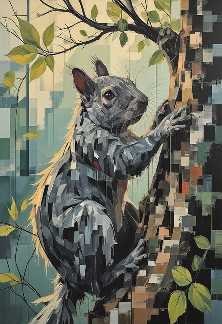ckbwaw, a digital artwork in the style of ckbwaw, l0wp0ly, m0d3rn1mpr, a squirrel is climbing up a tree, bright eyes, best quality,masterpiece, detailed, UHD, award-winning,vibrant,acid colors,illustration,concept art,surreal,dark,tenebrous, relaxing,cinematic,archaic,nature,vista,closeup,zoomed,hdr,fern green,beige,pale cyan,calm atmosphere,idyllic