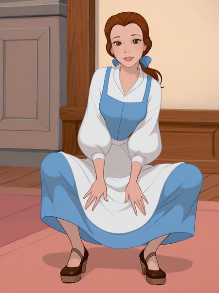 <lora:BelIL:0.9> be_le, 1girl, long brown hair, ponytail hair by a ribbon, white long puffy-sleeved shirt, duchess nose, pink lips, cerulean blue sleeveless dress, hazel eyes, white apron, dark brown ballet,
looking at viewer, squatting, front view, spreading legs,  platform high heels