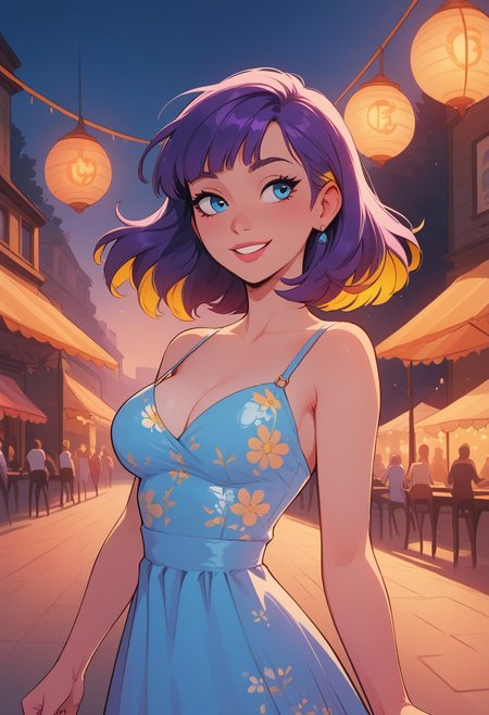 score_9, score_8_up, score_8, 1girl , solo sexy woman, sky blue eyes, straight short purple hair, elegant bob hair, (yellow highlights), bangs, hair swept to one side,  pink eyeliner, perfect face, elegant, refined, medium breasts, colorful floral sundress, sweet smile, dynamic pose, volumetric lighting, cinematic lighting, outdoors, festival, vibrant colors, blurry background