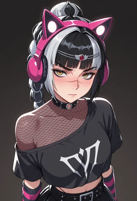 masterpiece, best quality, amazing quality, 1girl, solo,
ggheart , scar on face,
braid, bangs, multicolored hair,
cat ear headphones, skirt, striped gloves, , crop top, fishnets,
<lora:ggShadowheart_illustrious_byJaneB:1>
, portrait,