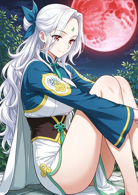 <lora:Yao_Ling__Battle_Through_the_Heavens__Illustrious:1>
1 girl, solo, long white hair, wavy hair, side ponytail with bow, half updo, red eyes, forehead mark, one hair strand sticking up, anime style, 
chinese dress, short dress, blue and white dress, lime green accents, high slit dress, long wide sleeves, blue sleeves, dark waist corset, emblem on sleeve, decorated dress hem, cape-like cloth behind, ornamental design, blue ribbon hair accessory, 
score_9, score_8_up, score_7_up, very aesthetic, source_anime, detailed, high quality, beautiful, detailed eyes, masterpiece, best quality, absurdres, perfect anatomy, 1girl, solo, hugging your own legs, sitting, garden background, charming smile, night, red moon
