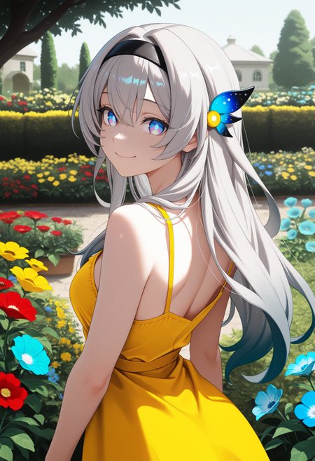 masterpiece, best quality, 1girl, solo, F1reflyHSR, blue pupils, purple eyes, blue eyes, grey hair, multicolored hair, long hair, black hairband, hair ornament, from behind, looking at viewer, yellow sundress, outdoors, garden, yellow flower, red flower, blue flower, smile,  <lora:ChamFireflyNoob:1>
