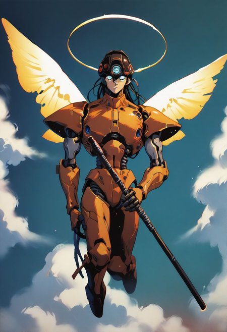score_9, score_8_up, score_7_up,score_6_up, score_5_up, score_4_up,source_anime,retro artstyle,halftone effect,epic,intricate linework,solo,no humans,a biomechanical golden armored angel with energy wings and a mechanical halo and a robotic head and tubes and mechanical joints and glowing blue eyes holding a lance and flying in the sky,sky,flying,clouds,full body,1boy,creature