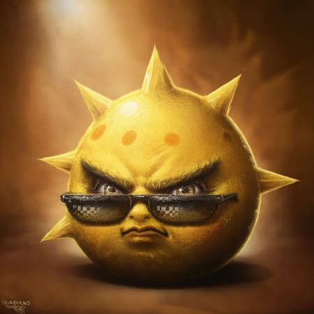 SamSprattAngryBirds, solo, detailed pores, wrinkles, Head only, close up, cropped body, upper body, bodyless, no body, head view, head focus, upper body, headshot, face focus, furrowed eyebrows, realistic, cartoonish, hyper-realistic, digital painting, digital art, painting, oil painting style, dramatic lighting, single light source, soft glow, muted background, radial gradient, spotlight effect, realism, dramatic composition, reflective highlights, round character, round head, looking at viewer, human, colored skin, noseless, no nose, no nostrils, 1girl, SolarBrawl, yellow skin, orange dots on skin, pixelated sunglasses, black sunglasses, sunglasses down, spikes, spiky head, spiky character, yellow spikes, angry, closed mouth, angled view
