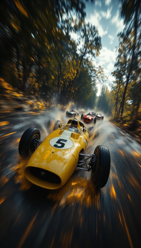 A high-resolution, cinematic illustration of a vintage Formula 1 race in a dense, rain-soaked forest, inspired by the aesthetics of 1950s and 1960s motorsport. The scene showcases dynamic motion, with a vibrant yellow race car marked "5" leading the pack, water spraying from beneath its tires as it speeds through a winding, glistening wet track. Other classic cars in bold reds and silvers follow closely, their forms blurred by the velocity. The forest is lush and atmospheric, with towering trees and a misty canopy filtering diffused, overcast light. Raindrops streak through the air, and reflective puddles scatter the road surface, adding depth and realism. The perspective intensifies the sense of speed and danger, emphasizing the thrill of racing in adverse weather conditions. Styled in a blend of photorealism and hyper-detailed artistic techniques, capturing both the nostalgic charm and adrenaline-pumping energy of the race. aidmaMJ6.1 <lora:aidmaMJ6.1v0.4:0.8>, aidmafluxproultra <lora:aidmaFluxProUltra:0.7>,  Motion blur <lora:flux dtmh:0.6>, Anamorphic bokeh style <lora:Anamorphic bokeh v2:0.5>, in the style of Jed-clrfl <lora:flux-colourful:0.4>