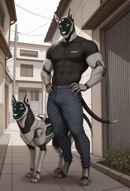 masterpiece,best quality,amazing quality, 1boy, solo, 4rchi3, robot dog, muscular, anthro, digitigrade, mechanical dog tail, outdoors, full body, hands on hips, shirt, pants,
