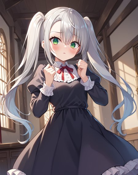 rene_yuusha, grey hair, green eyes, twintails, long sleeves,  puffy sleeves, red ribbon, neck ribbon, very long hair, juliet sleeves, closed mouth, bags under eyes, black royal dress, bell skirt  BREAK indoors, medieval, bedroom BREAK cute pose, looking at viewer, open mouth,blush, embarassed, cowboy shot, BREAK score_9, score_8_up, score_7_up, source_anime ,zPDXL, perfect hand,<lora:Rene-000017:0.8>