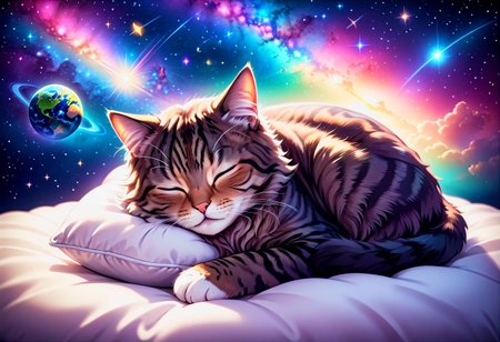 anime style, detailed illustration, a cute sleeping cat, tabby, extra fluffy, curled up, eyes closed, on floating pillow, cloud, stars, moons, all planets, rainbows, shooting star, comet, galaxies, nebula, [[[[embrace the kitsch]]]], dream, ethereal, misty, calm, soft lighting, Jed-Cosmos, damagedphoto, ((((vignette, black vignette, soft blurred edges))))